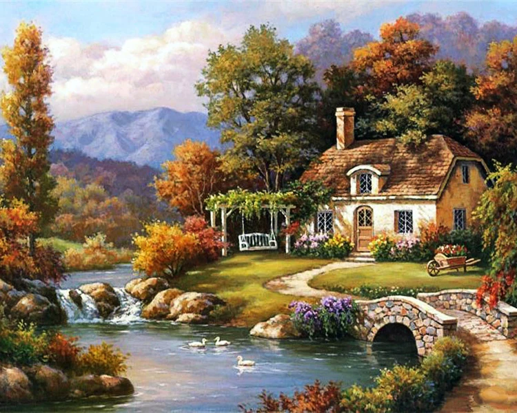 New European Pastoral Landscape Painting Diamond Embroidery with DIY