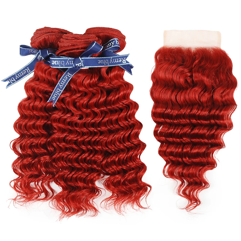 Remyblue, красные цветные пряди с закрытием, глубокая волна, человеческие волосы, пряди с закрытием, перуанские волосы remy, 3 пряди с закрытием