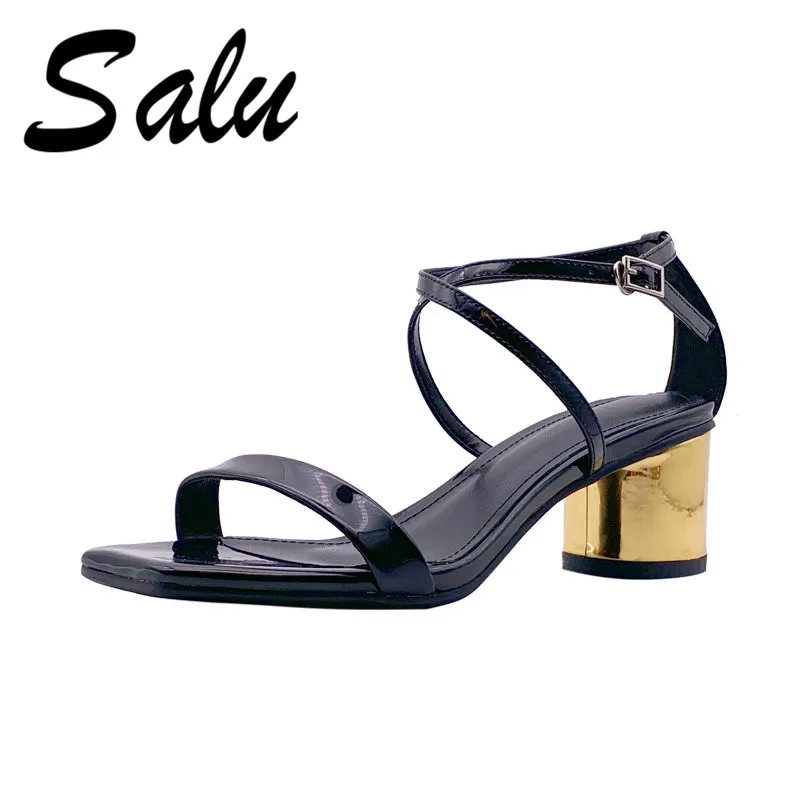 

Salu Fashion Women Sandals 2019 Summer New Genuine Leather Square Heeled Wedding Night Club Shoes Woman Basic Shoes