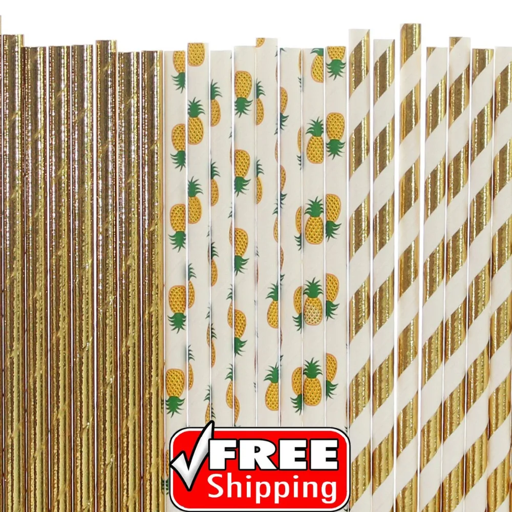 150pcs Mixed 3 Styles Summer Pool Themed Paper Straws-Gold Foil Plain Solid Color Stripe Pineapple-Birthday Party Baby Shower | Дом и сад