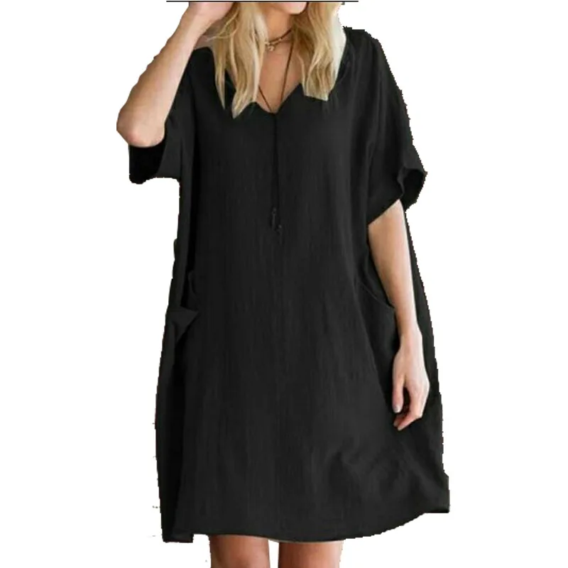 

Ladies Summer Dress Boho Style Black Cotton Linen Casual Dress Tunic Grey Sundress Loose Mini Party Dress Vestidos Plus Size 5XL
