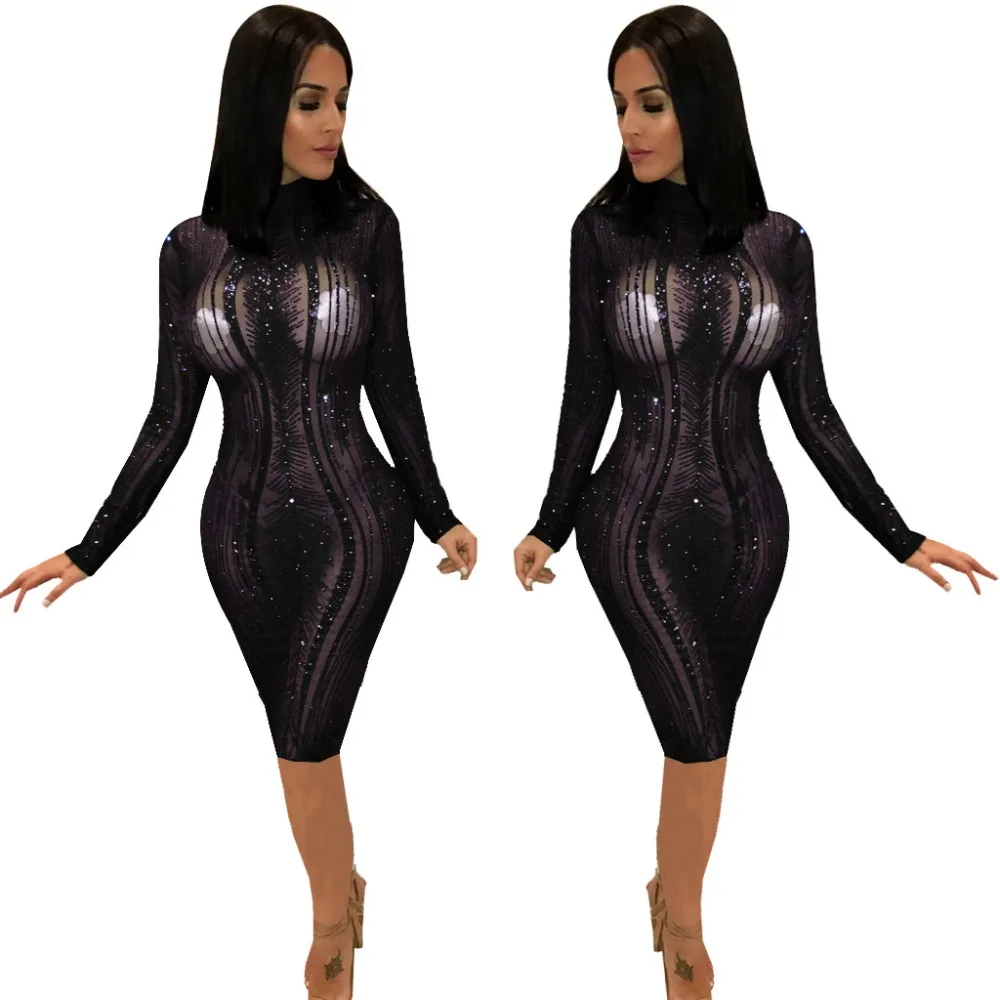 Sequins Sexy Party Club Dress Women Long Sleeve Sheath Autumn Dress