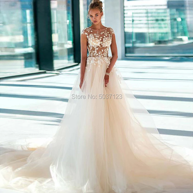 

Cap Sleeves A Line Tulle Wedding Dresses Scoop Lace Appliques Court Train Button Illusion Bridal Gowns Vestido De Noiva