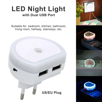 

LED Night Light with Dual USB Port 5V 1A Light Sensor Control Room Home Lighting Plug-in Wall Lamp EU/US Plug Socket Lamp