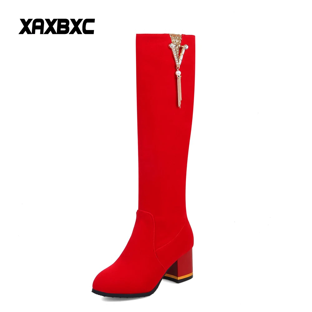 

XAXBXC 2018 New Autumn Winter Rhinestone Long Boots High Heels Round Toe Short Plush Mujer Botas Women Ladies Wedding Shoes
