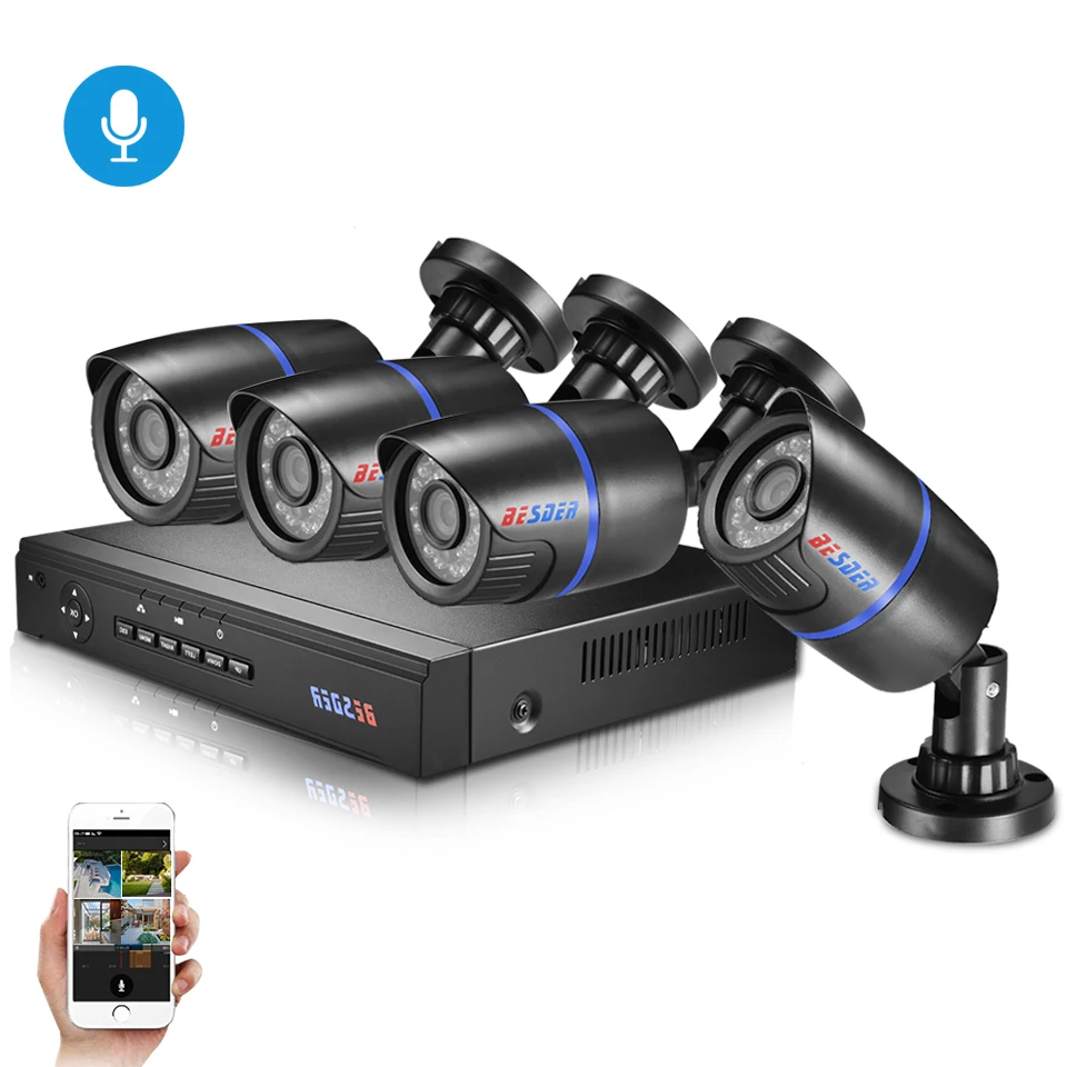 BESDER Audio 4CH CCTV система безопасности POE 1080P 2MP камера NVR наблюдения Комплект с HIDM VGA