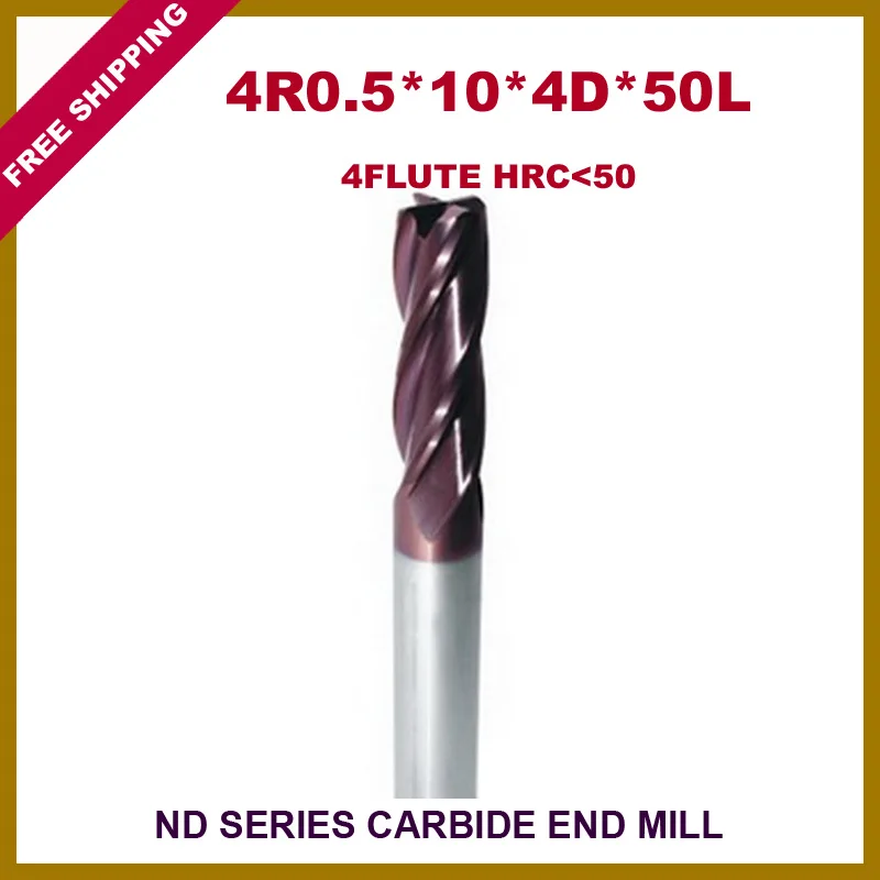 

Free Shipping 5pcs 4R0.5*10*4D*50L*4F Carbide Corner Radius End Mill  HRC<50 With Coatting For CNC machine
