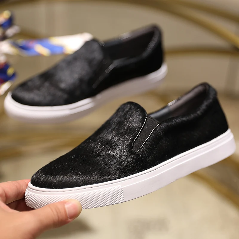 

Black Horsehair Women Loafers Slip on Woman Casual Shoes Round Toe Comfortable Flat Shoes Genuine Leather Driving Shoes Flats