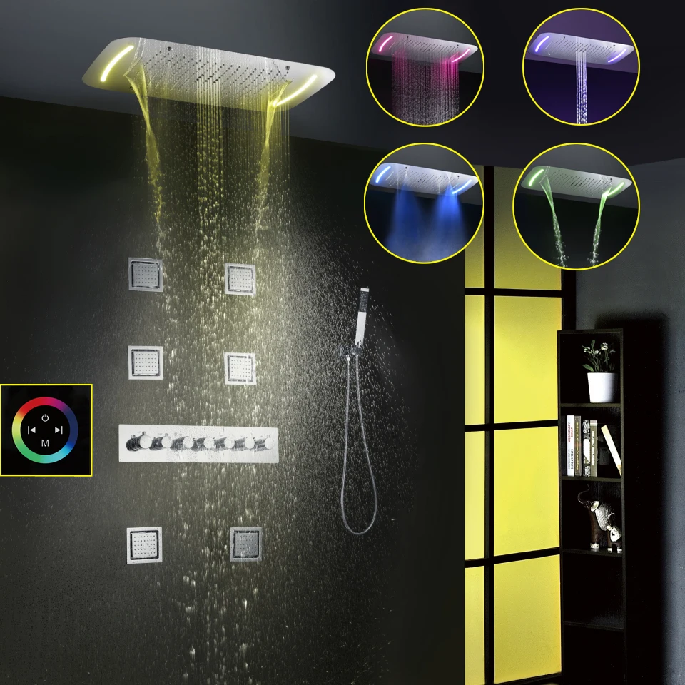 Thermostatic Shower Faucet Set Modern Luxury European Style Large Touch Panel LED Shower Head Waterfall Rainfall Bathroom Shower Thermostatic Shower Faucet Set Modern Luxury European Style Large Touch Panel LED Shower Head Waterfall Rainfall Bathroom Shower