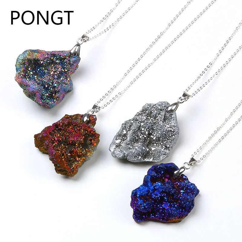 

hot sale rainbow crystal geode druzy natural stone pendant unique titanium crystal jewelry necklace gift drusy quartz necklace