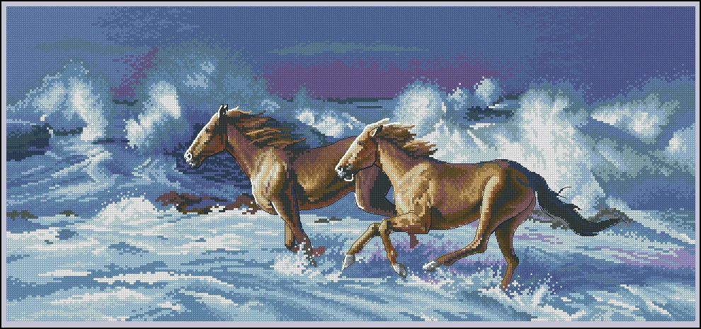

Gold Collection Lovely Counted Cross Stitch Kit Wave Runner Galloping Horses Two Brown Horse Running dim 35142