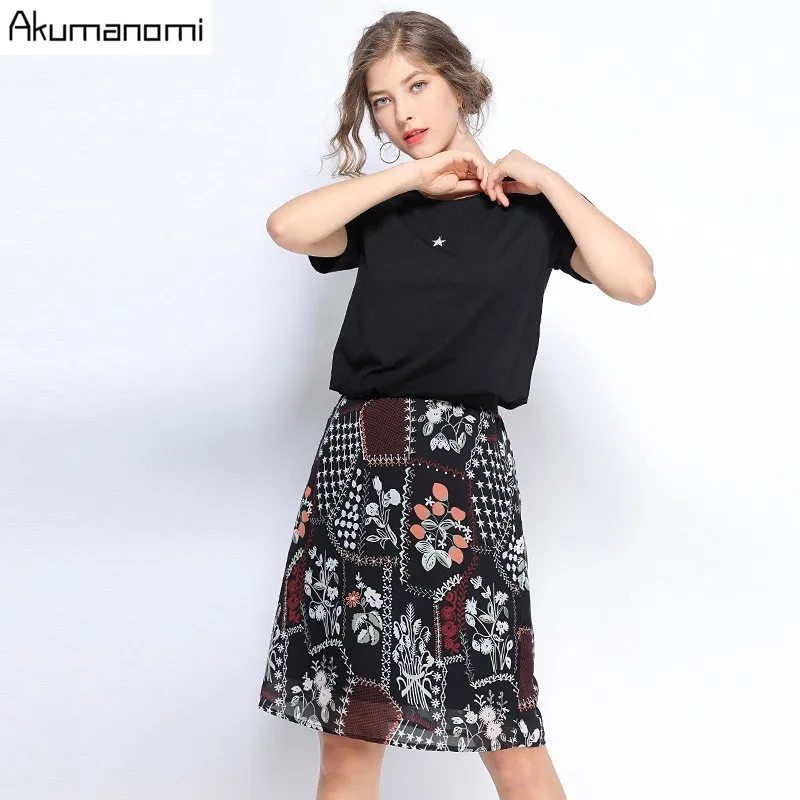 

Two Piece Set Plus Size Summer 2019 New Suits Short Sleeve Sequined T-shirt Above Knee Skirt Card Pack Ensemble Deux Dos Piezas