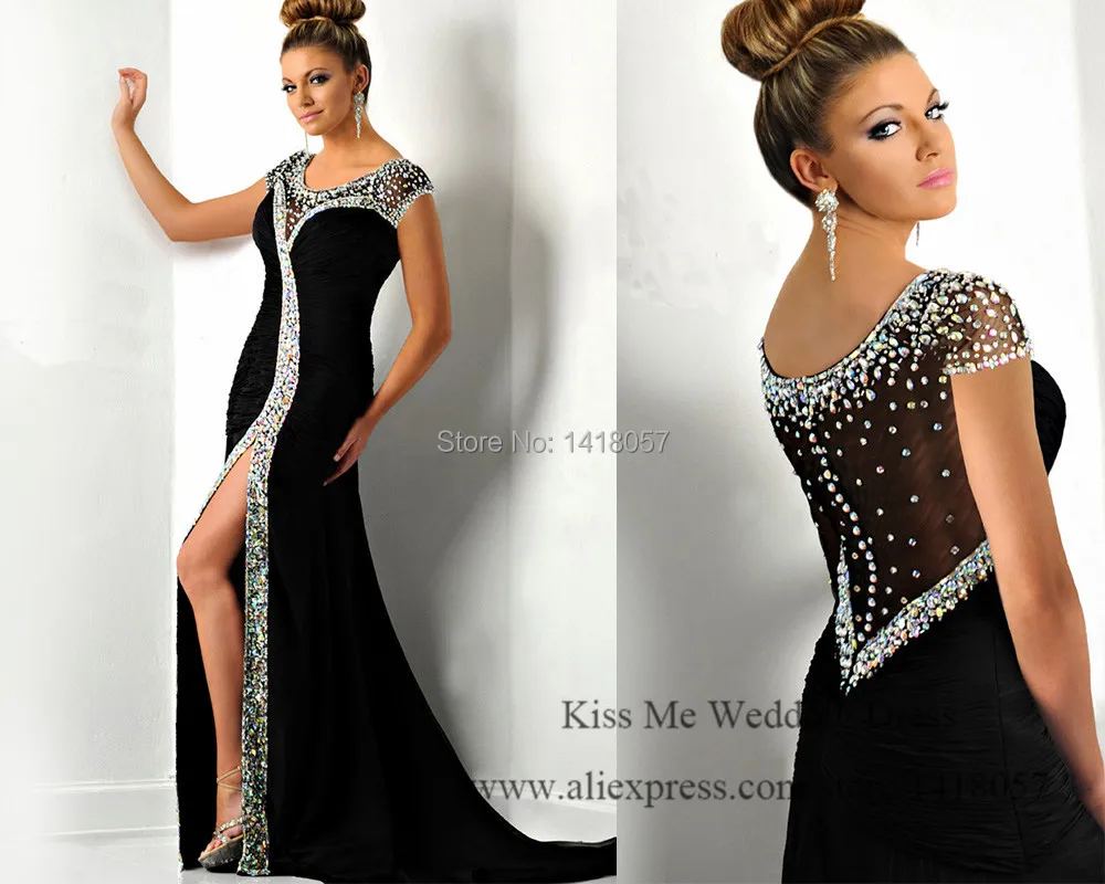 

Modest Long Black Evening Dress Crystals Mermaid Prom Dresses 2015 Cap Sleeve Special Occasion Couture Split Side Robe de Soiree