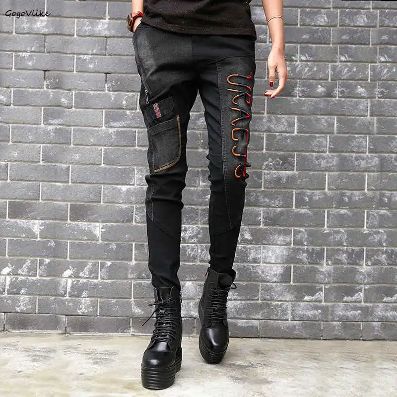 

Casual Jean Pencil pants Embroidery 2019 Spring Women Punk Hip Hop Trousers Elastic Waist Skinny Pants Europe Style LT855S50