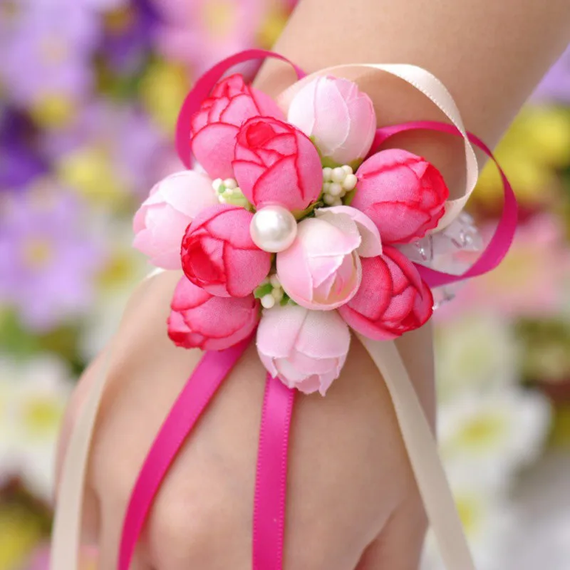 

Girls Bridesmaid Wrist Flowers Wedding Prom Party Corsage Bracelet Fabric Hand Flowers Elastic Lace-Up Flower Wedding Supply