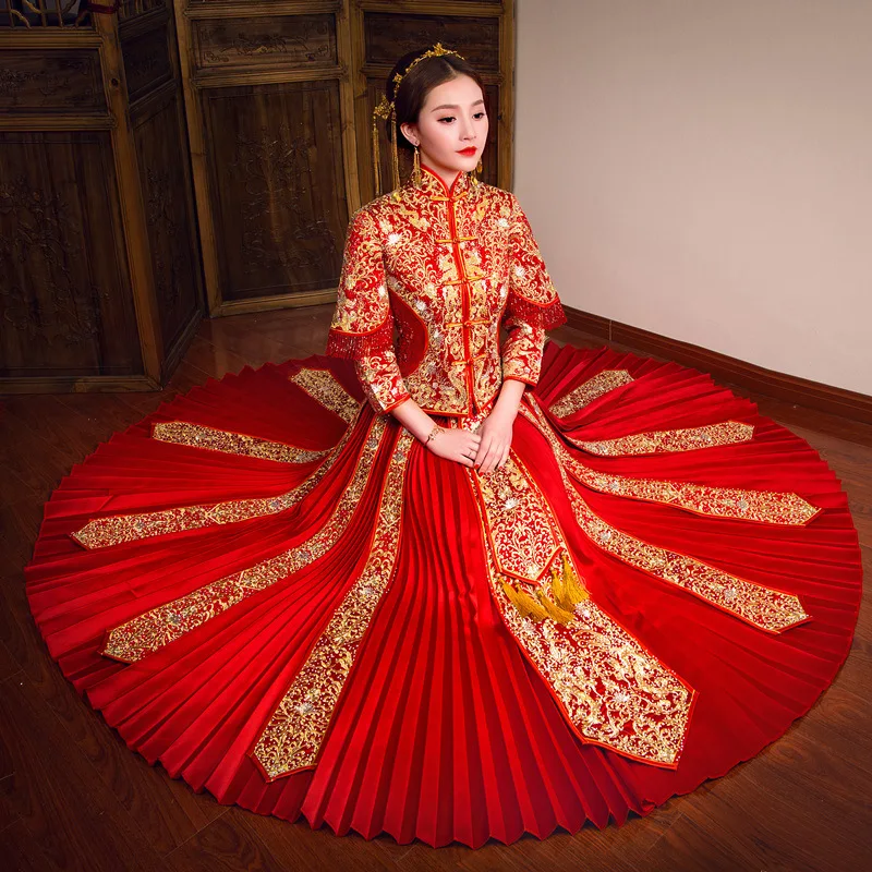 

Oriental Style Wedding Cheongsam Set Rhinestone Royal Women Qipao Handmade Embroidery Chinese Bride Dress Toast Clothes S-XXL