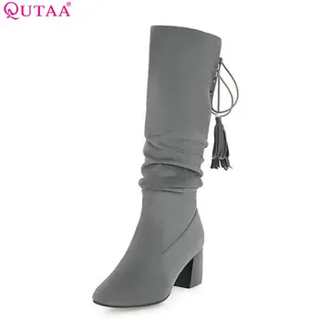 

QUTAA 2019 Women Mid Calf Boots Platform All Match Flock Square High Heel Lace Up Pointed Toe Woman Motorcycle Big Size 34-42