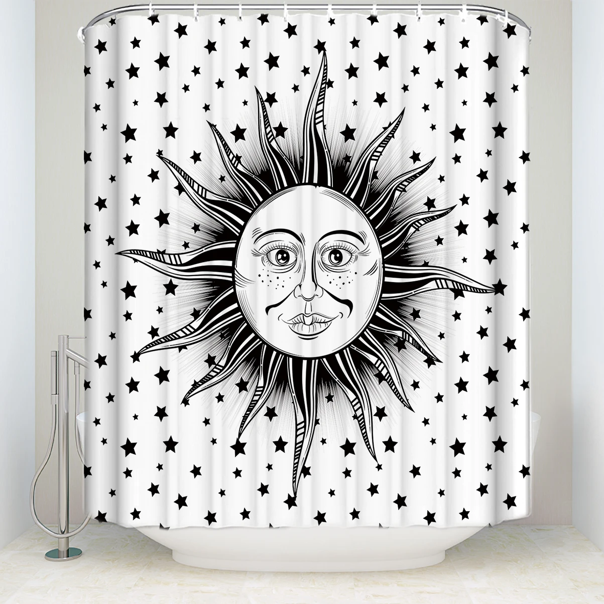 New Waterproof Hippie Sun Printed Shower Curtain with Hooks Polyester
