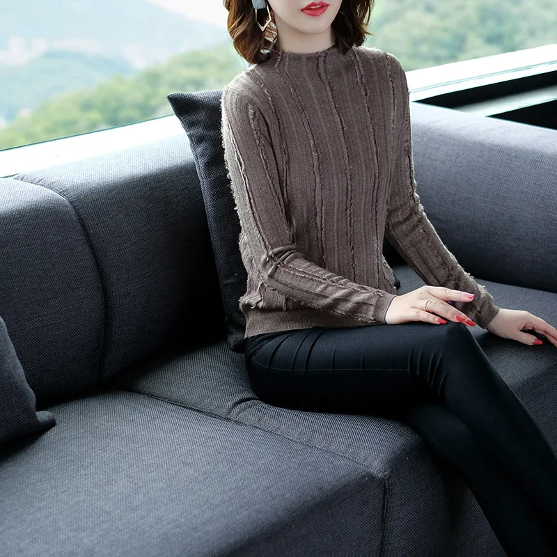 Solid elastic knit long sleeve sweater shirts 2018 new stand neck tassel women autumn basic sweater