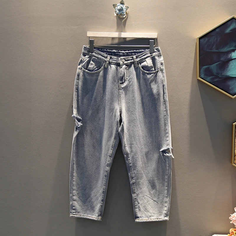 

[EWQ] 2019 Spring Summer New Style Elastic Waist Denim Patchwork Hole Light Wash Ankle Length Pants Wome Fashion Tide AE469