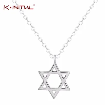 

Kinitial Silver Color David Star hexagon Pendants Necklaces For Women Drop Mujer Long Chain Colier Geometric Jewelry