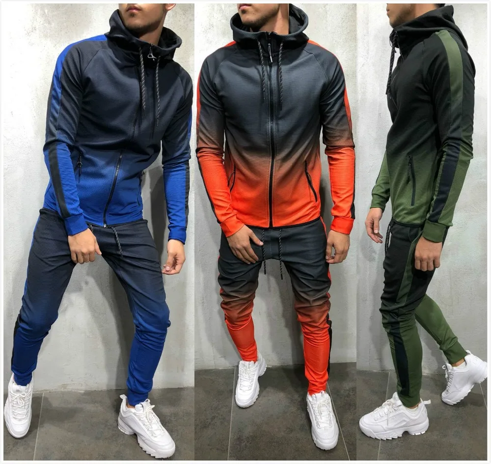2019 Brand Men Tracksuit 2 Piece Set 3D Gradient Color hit Casual