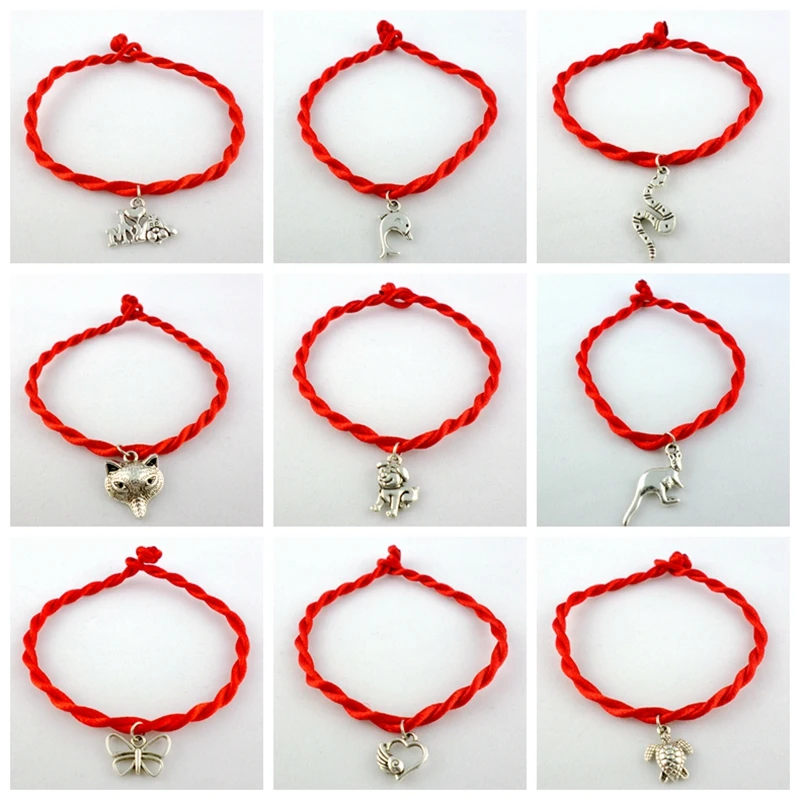 

5pcs Fashion Vintage Silver Mixed Animal Wing Dolphin Dog fox Turtle Snake Braided Lucky Red String Rope Cord Charm Bracelet