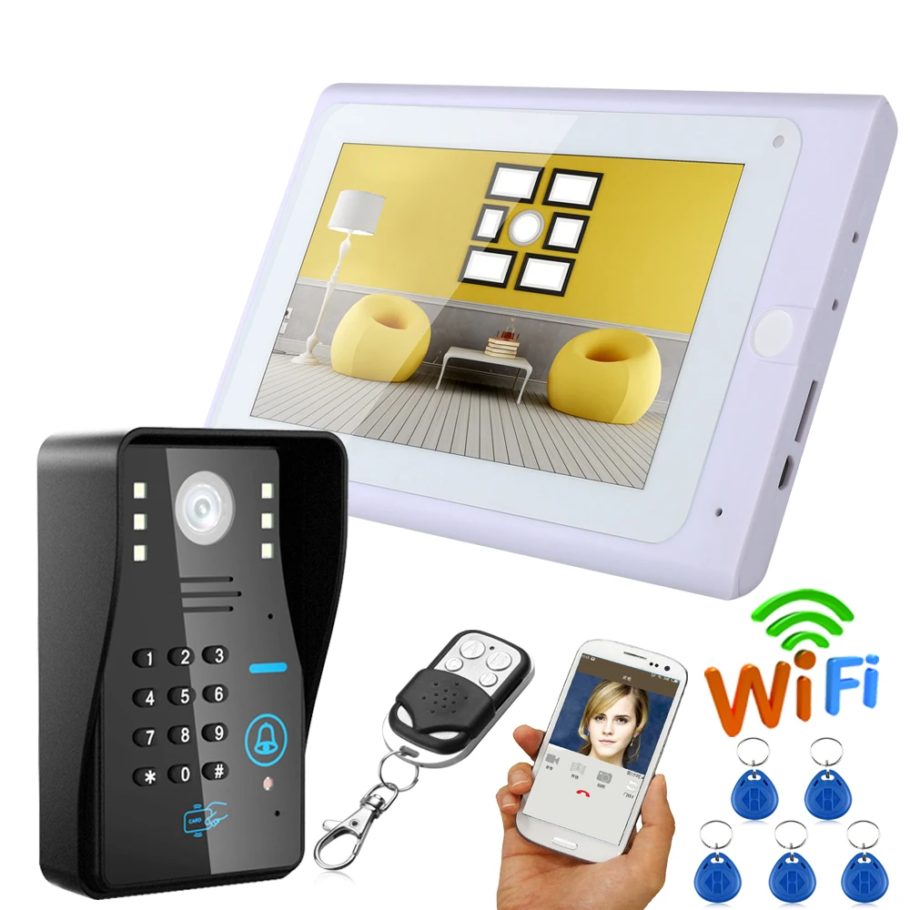 

7" Wired / Wireless Wifi RFID Password Video Doorbell Intercom System with IR-CUT HD1000TVL Camera Night Vision