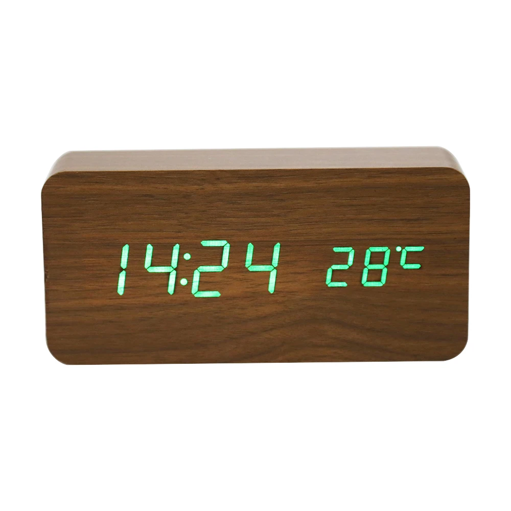 Деревянный цифровой светодиодный Будильник с голосовой активированной электронной деревянной мультфифункциональные часы дисплей настольные часы - Цвет: black