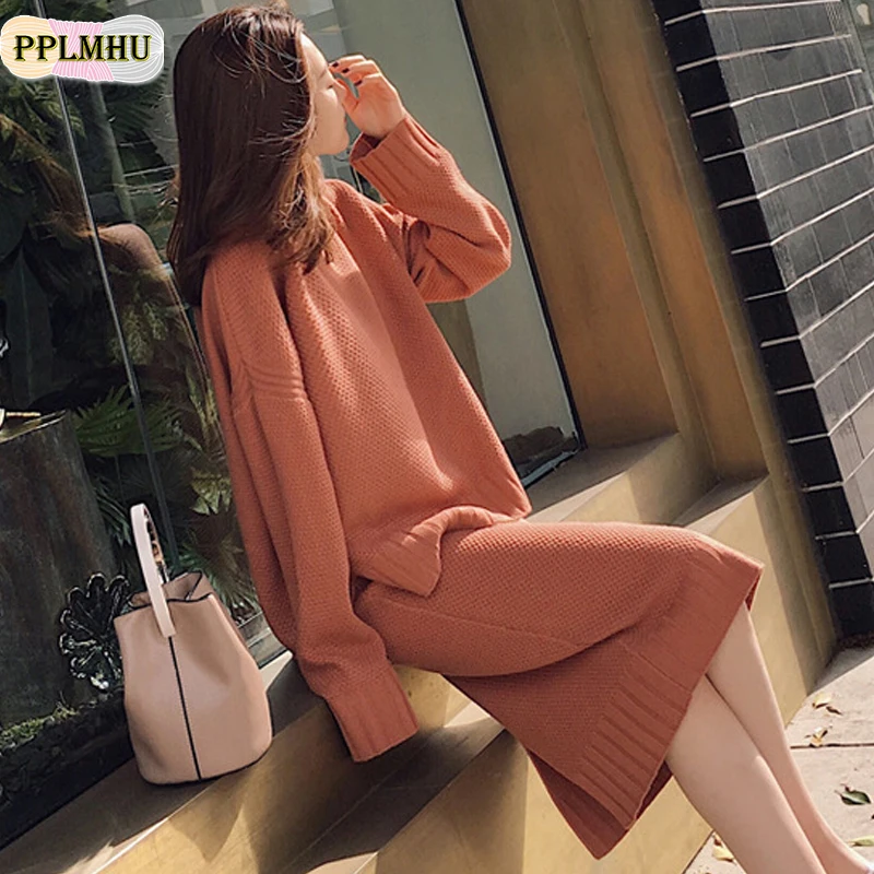 

Casual Women Sweater Pullover And Long Knitted Skirt Suit 2 Piece New O-Neck Knit Suit For Ladies Office Knitted Dress Clothing