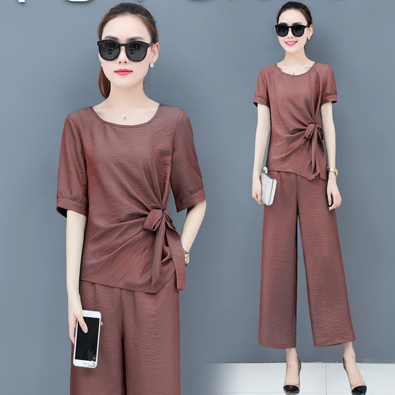 

Plus Size Summer 2 Piece Set Women Outfits Co-ord Set 2019 New Summer Fashion Women's Sets Top and Pants Bow Solid Clothing