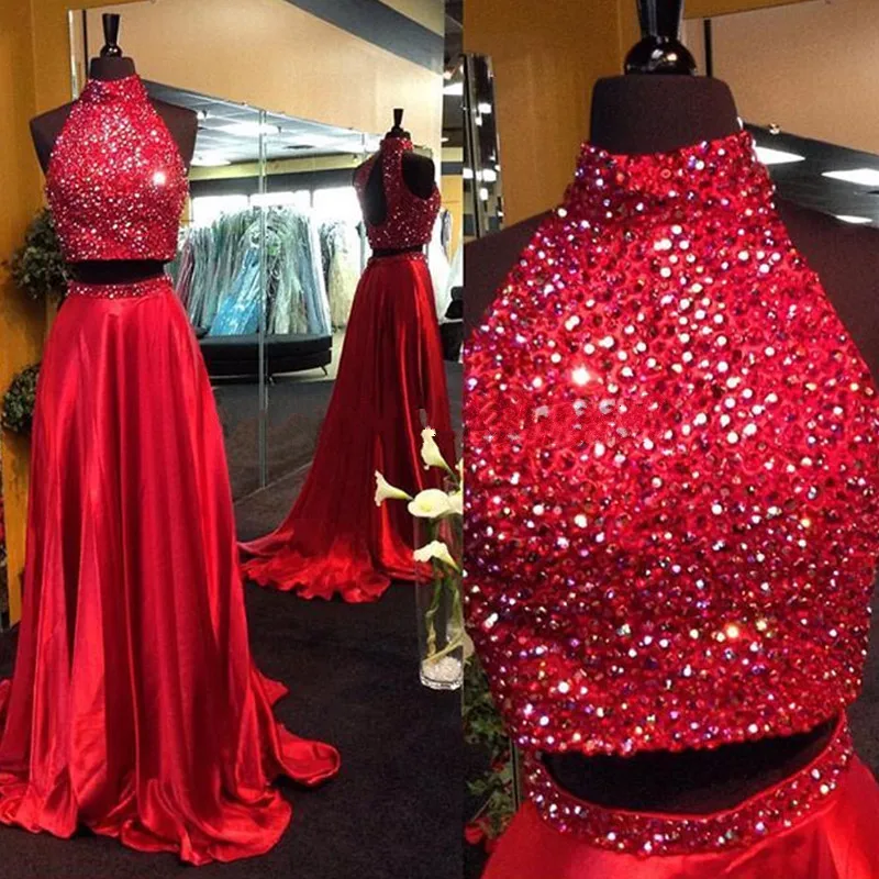 

Luxury Bling Bling Prom Dresses Two Piece 2019 Vestidos de gala A Line Beaded Crystal Satin Imported Party Dress Evening Gowns