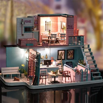 

Pink Coffee Doll House Children DIY Furniture Miniaturas Dollhouse Toys Handmade 3D Miniatures Dollhouses For Children Gifts