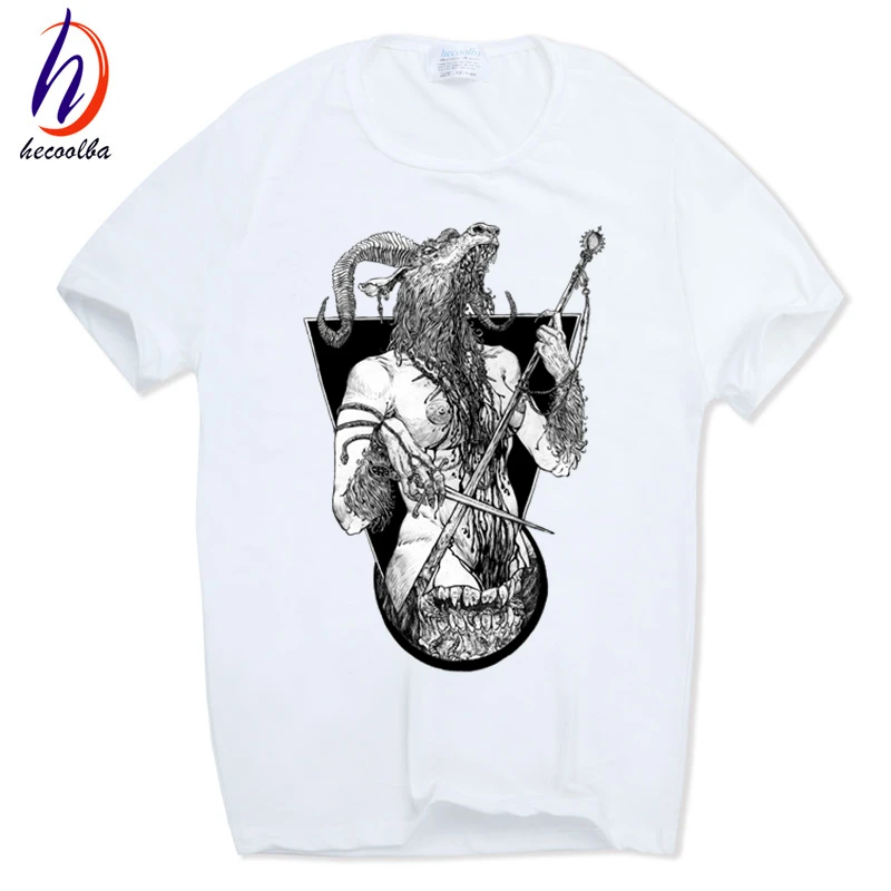 

Men Print Satanic Goat Baphomet White T-shirt O-Neck Short sleeves Summer Casual Streetwear Satan T Shirt HCP591