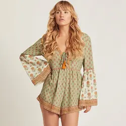 Подсолнечное Винтаж Playsuit Для женщин Flare с длинным рукавом с v-образным вырезом пикантные комбинезоны Boho Цветочный Пляж свободная летняя