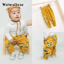 Waiwaibear/детские штаны для новорожденных; хлопковые узкие брюки со средней талией с цветочным рисунком; длинные брюки для новорожденных девочек