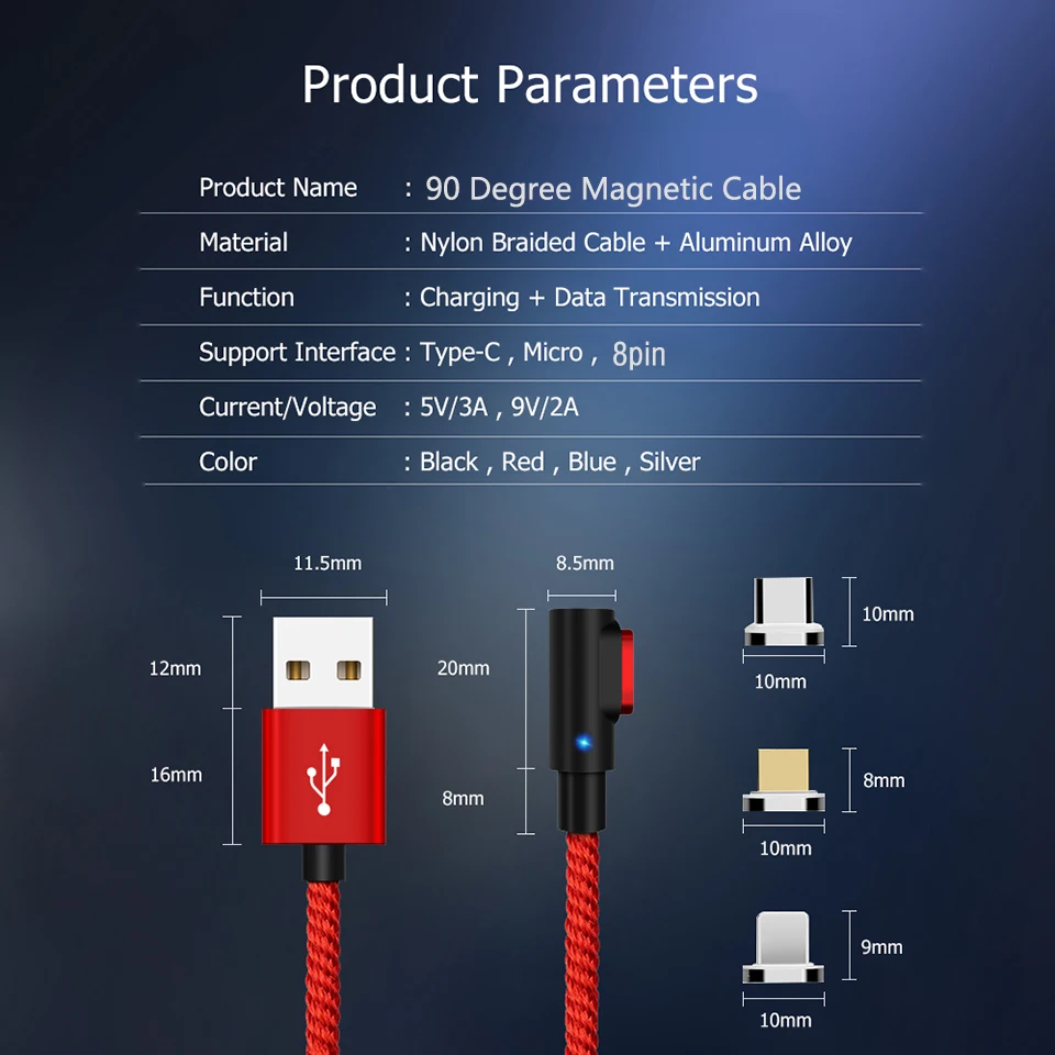 90 градусов 2 м Магнитный кабель Быстрый 3A для samsung Xiaomi зарядное устройство Quick Charge 3,0 Micro usb type C Магнитный шнур для зарядки телефона