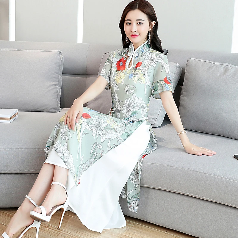 

Light blue chiffon elegant summer dress for women 2018 modern Chinese style vintage robe party midi dresses print floral clothes