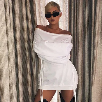 Glamorous Lace Up Slash Neck Sweatshirt Dress Kylie Jenner White Long Sleeve Solid Off The Shoulder Sexy Mini Women Dress