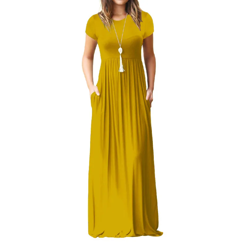

Summer Maxi Long Dress Women Clothes New Fashion Short Sleeve Solid Casual Dresses Cotton Femme Pockets Robe Plus Size XXL GV598