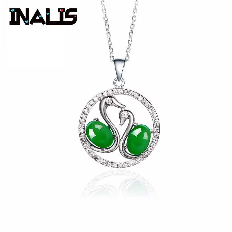 

INALIS 2018 New Statement Round Circle with 2pcs Swans S925 Sterling Silver Micro Paved Clear CZ Single Green Chalcedony Pendant