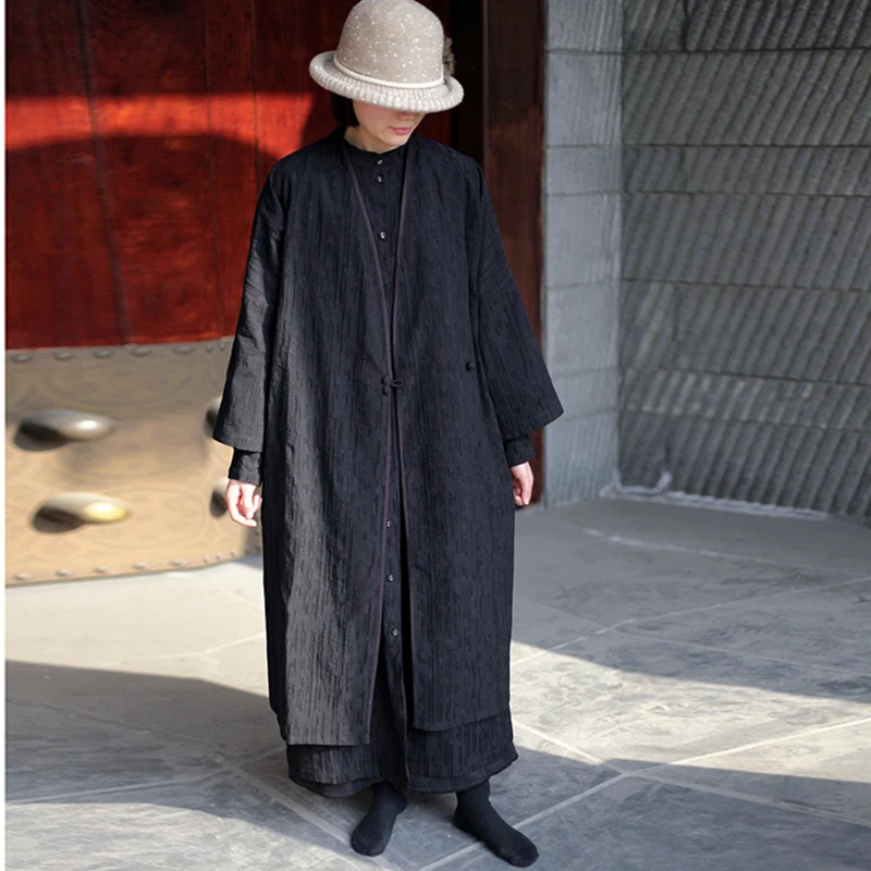 

Johnature Women Solid Color Trench Coats 2019 Spring New Chinese Style Vintage Loose V-Neck Single Button Long Coats