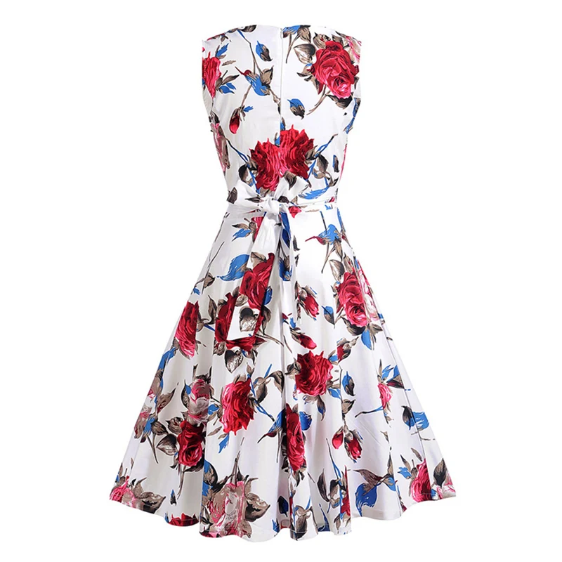 Kostlish Print Summer Dress Women 2017 Sleeveless Big Swing Belt Tunic Vintage Dress Elegant Rockabilly Party Dresses Sundress (4)