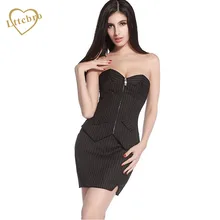 Black Pinstripe Corset Dress Office Sexy Women Lace up Bustier Suit Costume Lady Slim Set Waist Overbust Burlesque Corset Skirt