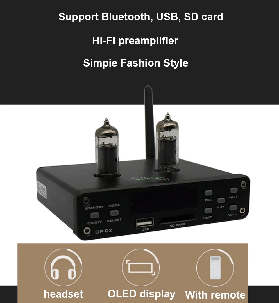 ByJoTeCH DP-02 Bluetooth 4.0 HiFi 6k4 Tube Amplifier Portable preamplifier Headphone Amplifier audio board U disk SD card input