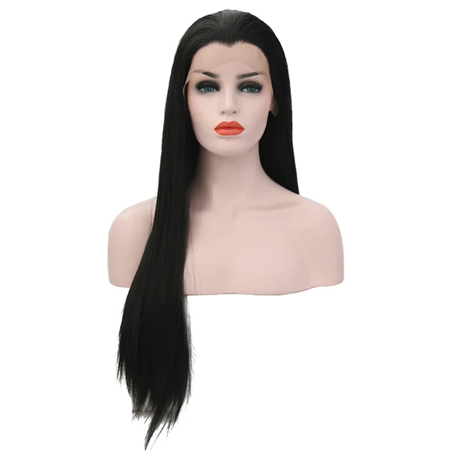 JOY&BEAUTY 22-28 Inch Long Silky Straight Black Synthetic Lace Front Wig Glueless Heat Resistant Fiber For Black White Women Wig 2