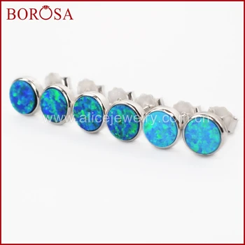 

BOROSA New Pure Silver Color Blue Japanese Opal Round Bezel Stud Earrings for Women High Quality Fashion Earrings Gem SS188