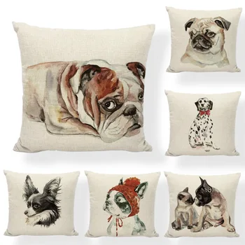 

High Quality Cute Funny Pet Dog Cushion Cover 45x45CM French Bulldog Golden Rrtriever Decor Gift Linen Sofa Office Pillow Cases