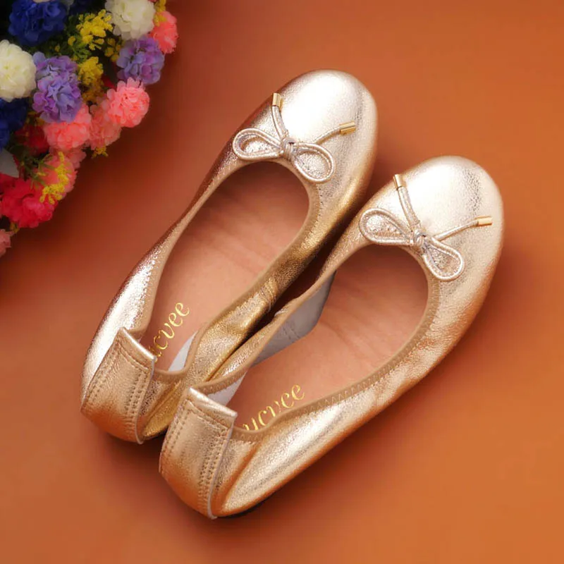 Лоферы с бантиком; цвет золотой, серебряный, розовый; удобные балетки на плоской подошве; повседневная женская обувь из натуральной кожи на плоской подошве; большие размеры 34-43 - Цвет: Gold K06