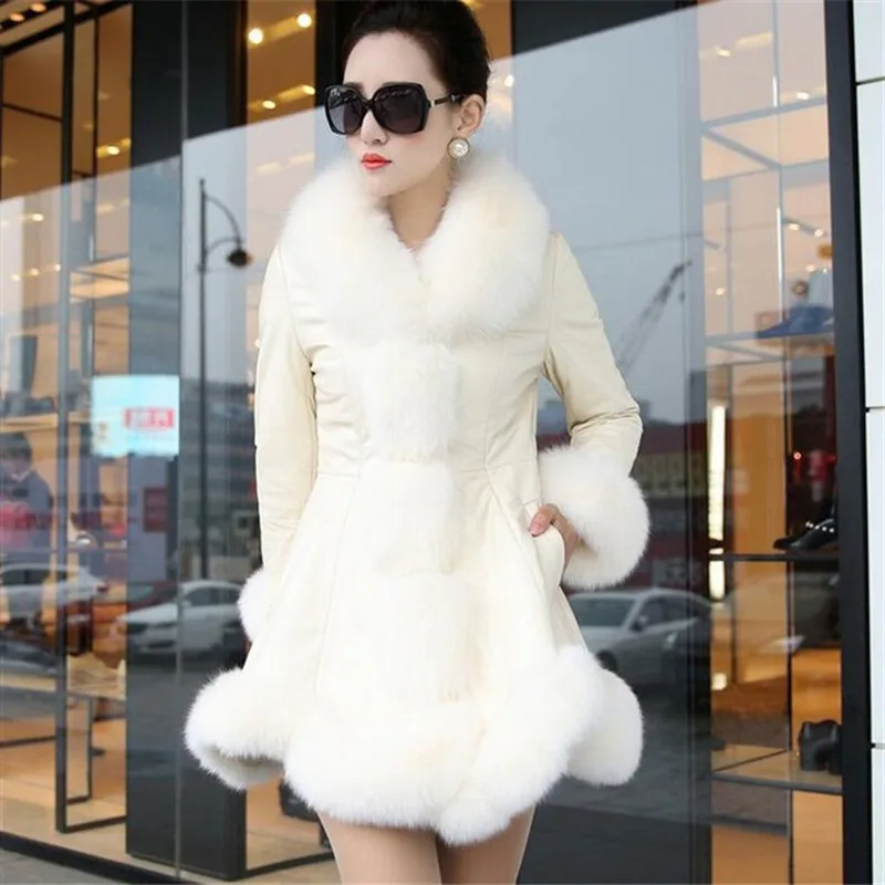 

S-6XL Women Winter Faux Fur Coat Long Slim Overcoat Warm PU Leather Patchwork Faux Fox Fur Collar Outerwear Women Elegant Jacket